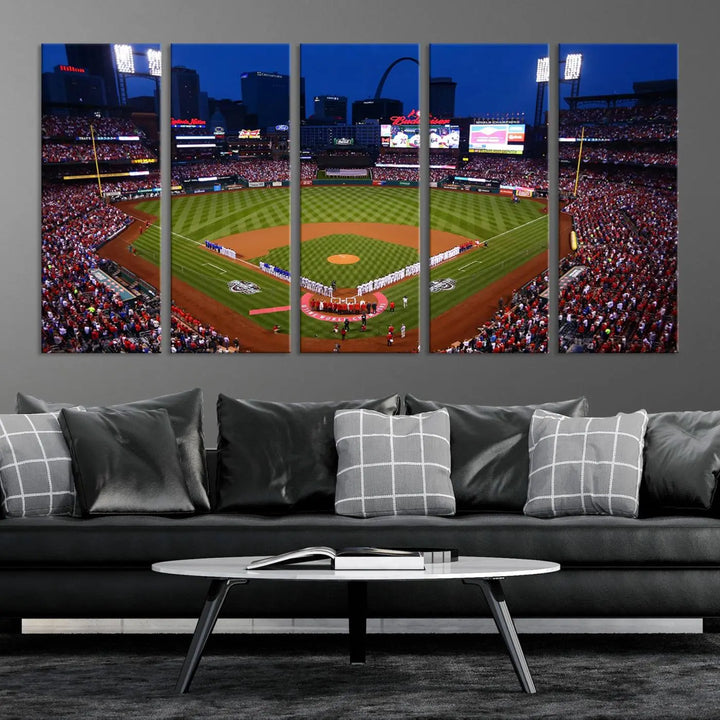 A premium canvas triptych of Busch Stadium, home of the St. Louis Cardinals, elegantly hangs as a captivating focal point. This piece, titled "St. Louis Cardinals Baseball Team Print - Busch Stadium Wall Art Canvas Print," boasts a gallery-quality finish, making it the perfect centerpiece for any sophisticated space.