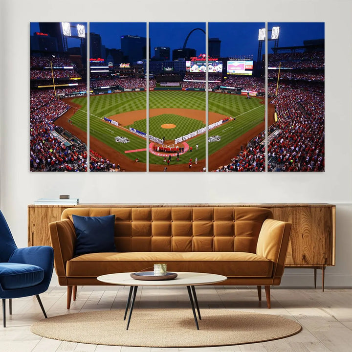 A premium canvas triptych of Busch Stadium, home of the St. Louis Cardinals, elegantly hangs as a captivating focal point. This piece, titled "St. Louis Cardinals Baseball Team Print - Busch Stadium Wall Art Canvas Print," boasts a gallery-quality finish, making it the perfect centerpiece for any sophisticated space.