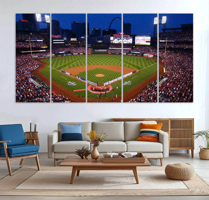 A premium canvas triptych of Busch Stadium, home of the St. Louis Cardinals, elegantly hangs as a captivating focal point. This piece, titled "St. Louis Cardinals Baseball Team Print - Busch Stadium Wall Art Canvas Print," boasts a gallery-quality finish, making it the perfect centerpiece for any sophisticated space.