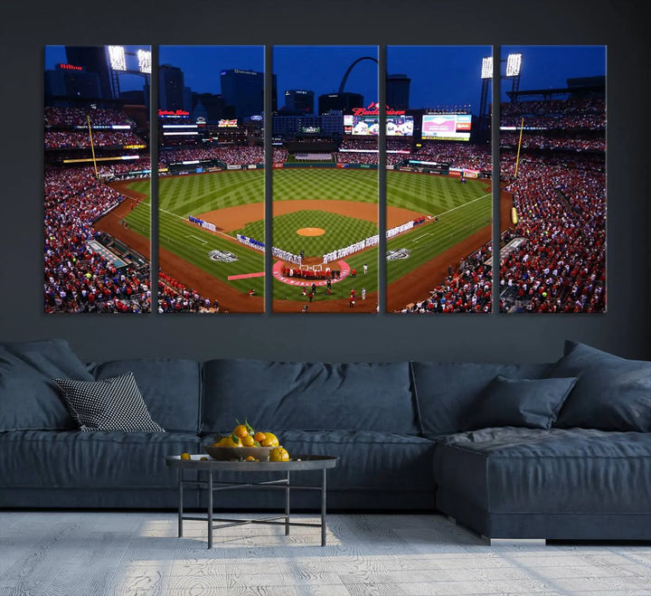 A premium canvas triptych of Busch Stadium, home of the St. Louis Cardinals, elegantly hangs as a captivating focal point. This piece, titled "St. Louis Cardinals Baseball Team Print - Busch Stadium Wall Art Canvas Print," boasts a gallery-quality finish, making it the perfect centerpiece for any sophisticated space.