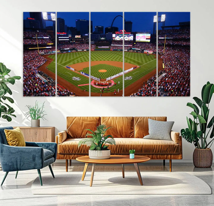 A premium canvas triptych of Busch Stadium, home of the St. Louis Cardinals, elegantly hangs as a captivating focal point. This piece, titled "St. Louis Cardinals Baseball Team Print - Busch Stadium Wall Art Canvas Print," boasts a gallery-quality finish, making it the perfect centerpiece for any sophisticated space.