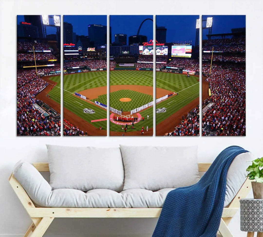 A premium canvas triptych of Busch Stadium, home of the St. Louis Cardinals, elegantly hangs as a captivating focal point. This piece, titled "St. Louis Cardinals Baseball Team Print - Busch Stadium Wall Art Canvas Print," boasts a gallery-quality finish, making it the perfect centerpiece for any sophisticated space.