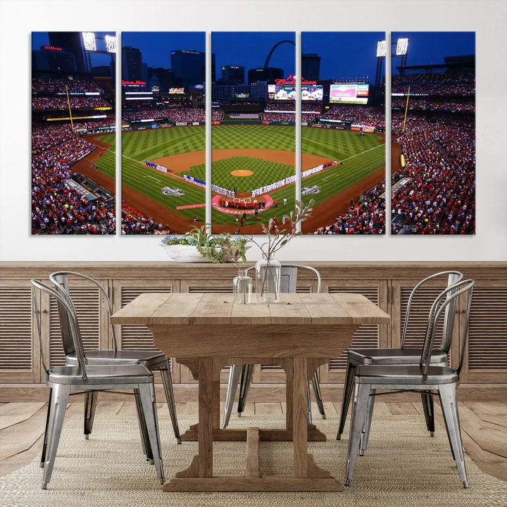 A premium canvas triptych of Busch Stadium, home of the St. Louis Cardinals, elegantly hangs as a captivating focal point. This piece, titled "St. Louis Cardinals Baseball Team Print - Busch Stadium Wall Art Canvas Print," boasts a gallery-quality finish, making it the perfect centerpiece for any sophisticated space.