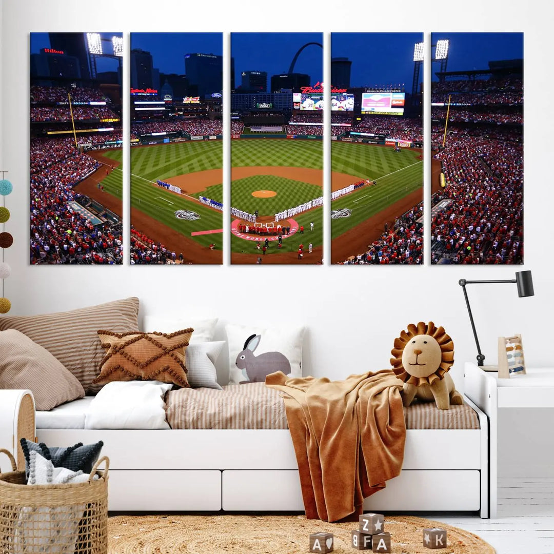 A premium canvas triptych of Busch Stadium, home of the St. Louis Cardinals, elegantly hangs as a captivating focal point. This piece, titled "St. Louis Cardinals Baseball Team Print - Busch Stadium Wall Art Canvas Print," boasts a gallery-quality finish, making it the perfect centerpiece for any sophisticated space.