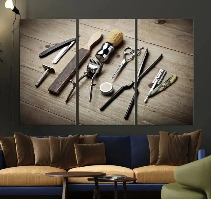 The Standart Barber Tools Wall Art Canvas Print features scissors, clippers, and brushes elegantly arranged on a wooden surface. This piece beautifully captures the essence of barber culture, adding a unique touch to any room.