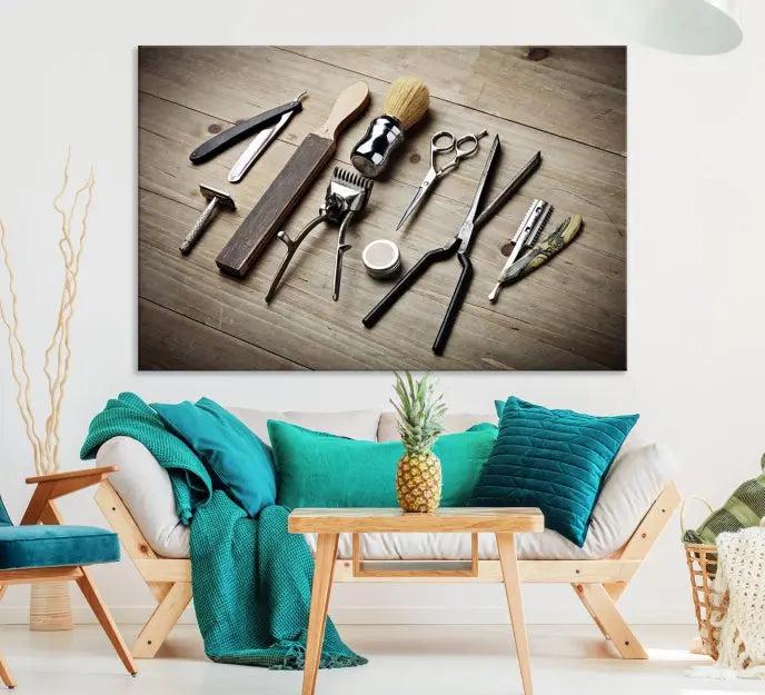 The Standart Barber Tools Wall Art Canvas Print features scissors, clippers, and brushes elegantly arranged on a wooden surface. This piece beautifully captures the essence of barber culture, adding a unique touch to any room.