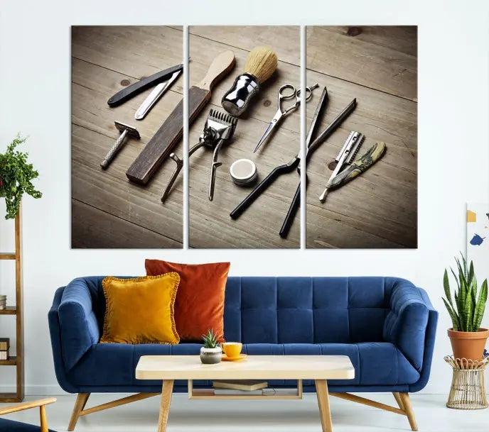 The Standart Barber Tools Wall Art Canvas Print features scissors, clippers, and brushes elegantly arranged on a wooden surface. This piece beautifully captures the essence of barber culture, adding a unique touch to any room.