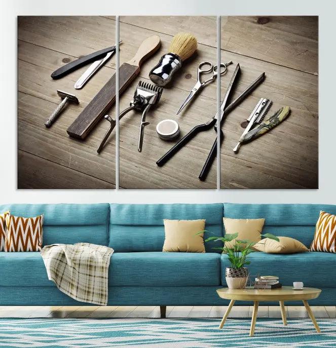 The Standart Barber Tools Wall Art Canvas Print features scissors, clippers, and brushes elegantly arranged on a wooden surface. This piece beautifully captures the essence of barber culture, adding a unique touch to any room.