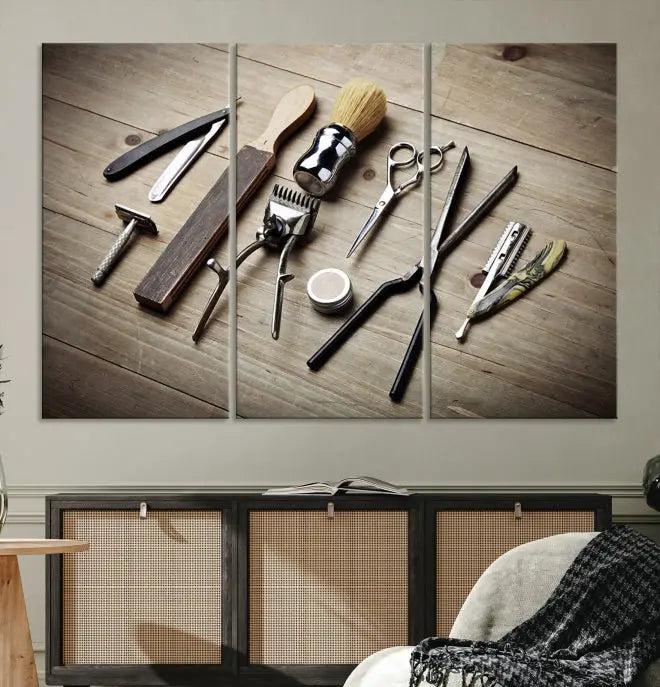 The Standart Barber Tools Wall Art Canvas Print features scissors, clippers, and brushes elegantly arranged on a wooden surface. This piece beautifully captures the essence of barber culture, adding a unique touch to any room.