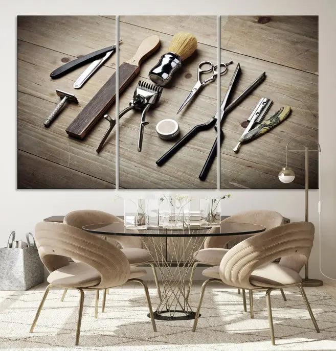 The Standart Barber Tools Wall Art Canvas Print features scissors, clippers, and brushes elegantly arranged on a wooden surface. This piece beautifully captures the essence of barber culture, adding a unique touch to any room.