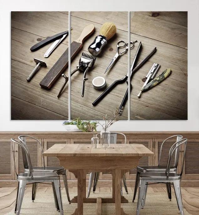 The Standart Barber Tools Wall Art Canvas Print features scissors, clippers, and brushes elegantly arranged on a wooden surface. This piece beautifully captures the essence of barber culture, adding a unique touch to any room.