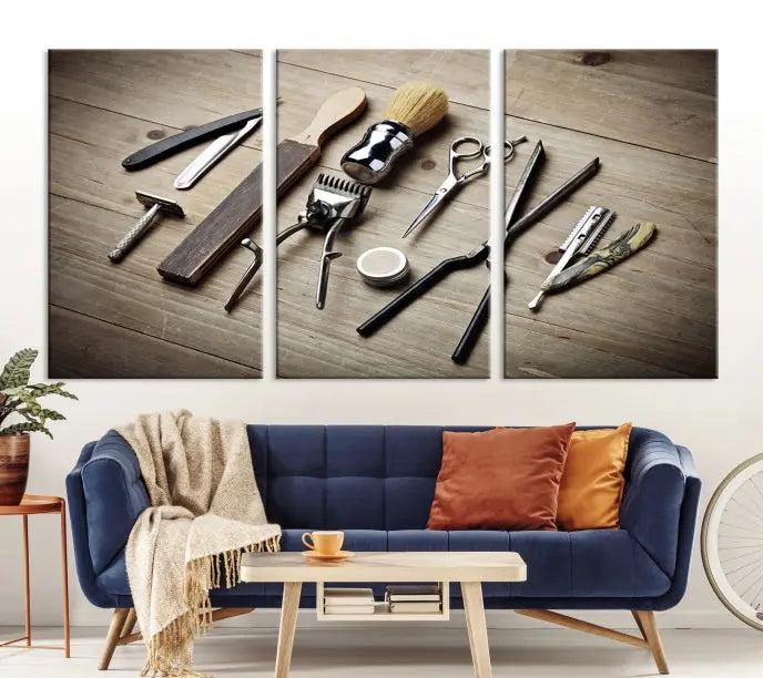 The Standart Barber Tools Wall Art Canvas Print features scissors, clippers, and brushes elegantly arranged on a wooden surface. This piece beautifully captures the essence of barber culture, adding a unique touch to any room.