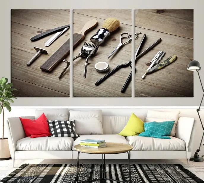 The Standart Barber Tools Wall Art Canvas Print features scissors, clippers, and brushes elegantly arranged on a wooden surface. This piece beautifully captures the essence of barber culture, adding a unique touch to any room.