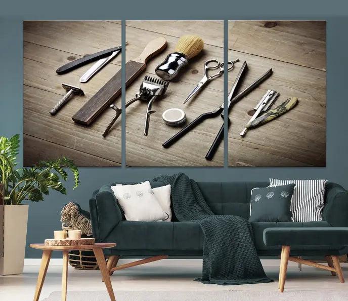 The Standart Barber Tools Wall Art Canvas Print features scissors, clippers, and brushes elegantly arranged on a wooden surface. This piece beautifully captures the essence of barber culture, adding a unique touch to any room.