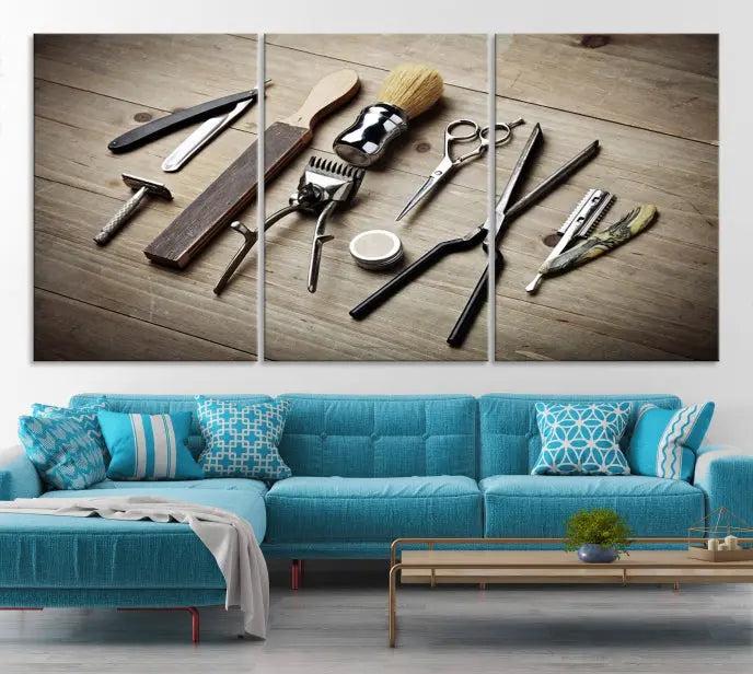 The Standart Barber Tools Wall Art Canvas Print features scissors, clippers, and brushes elegantly arranged on a wooden surface. This piece beautifully captures the essence of barber culture, adding a unique touch to any room.