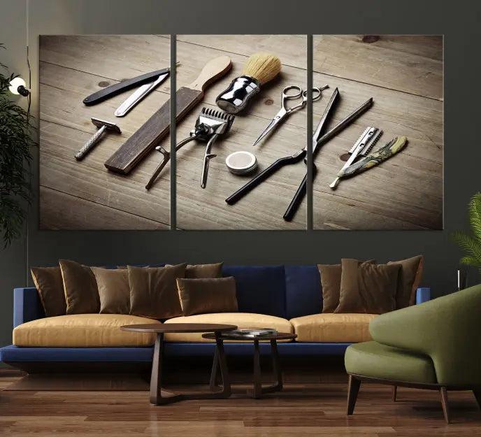 The Standart Barber Tools Wall Art Canvas Print features scissors, clippers, and brushes elegantly arranged on a wooden surface. This piece beautifully captures the essence of barber culture, adding a unique touch to any room.