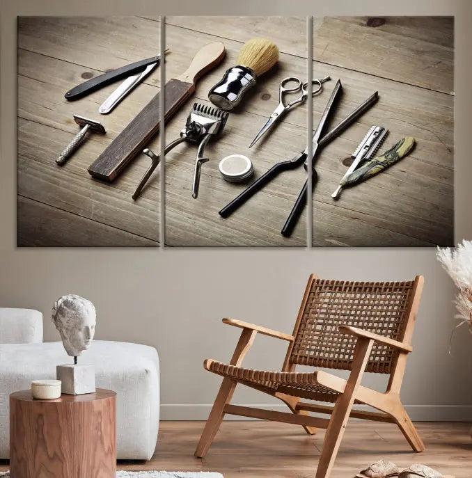 The Standart Barber Tools Wall Art Canvas Print features scissors, clippers, and brushes elegantly arranged on a wooden surface. This piece beautifully captures the essence of barber culture, adding a unique touch to any room.