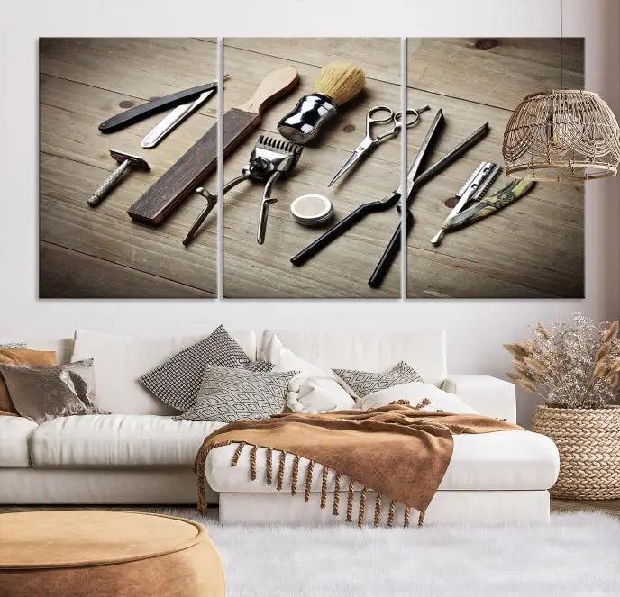 The Standart Barber Tools Wall Art Canvas Print features scissors, clippers, and brushes elegantly arranged on a wooden surface. This piece beautifully captures the essence of barber culture, adding a unique touch to any room.