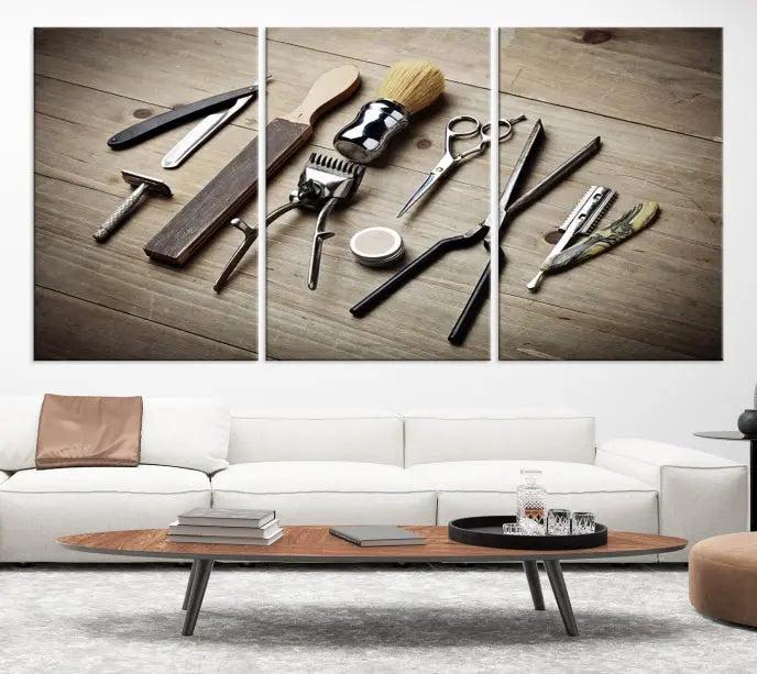 The Standart Barber Tools Wall Art Canvas Print features scissors, clippers, and brushes elegantly arranged on a wooden surface. This piece beautifully captures the essence of barber culture, adding a unique touch to any room.