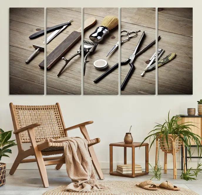 The Standart Barber Tools Wall Art Canvas Print features scissors, clippers, and brushes elegantly arranged on a wooden surface. This piece beautifully captures the essence of barber culture, adding a unique touch to any room.