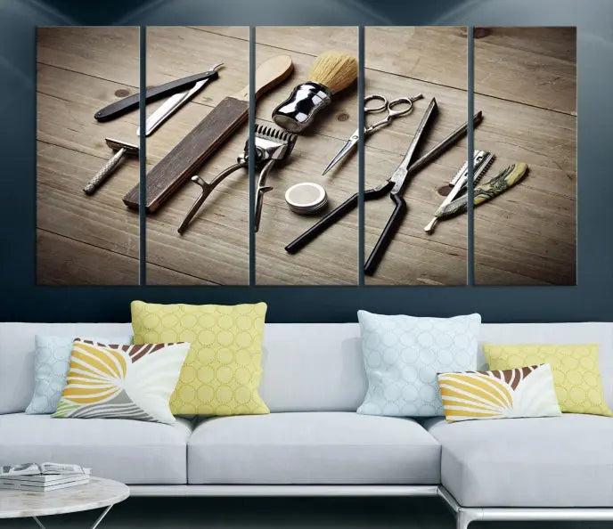 The Standart Barber Tools Wall Art Canvas Print features scissors, clippers, and brushes elegantly arranged on a wooden surface. This piece beautifully captures the essence of barber culture, adding a unique touch to any room.