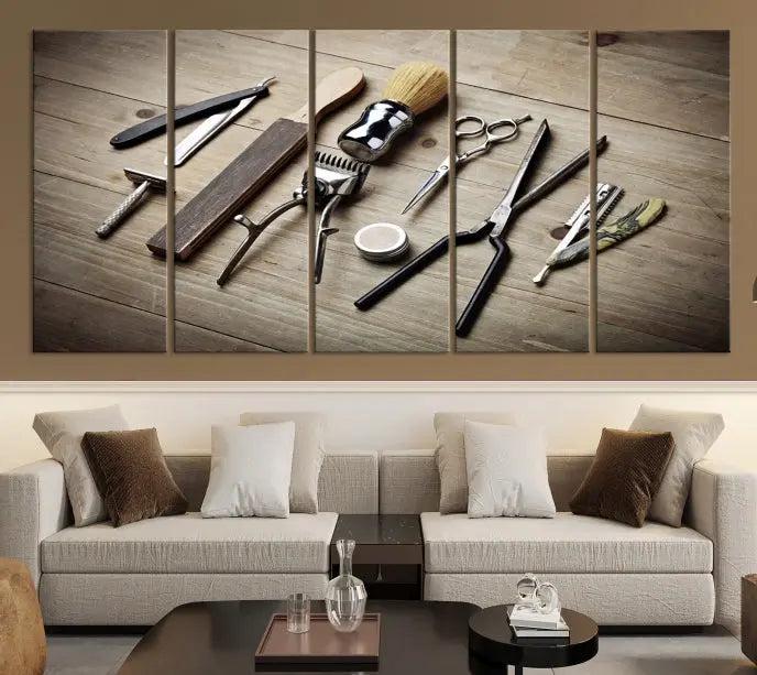 The Standart Barber Tools Wall Art Canvas Print features scissors, clippers, and brushes elegantly arranged on a wooden surface. This piece beautifully captures the essence of barber culture, adding a unique touch to any room.