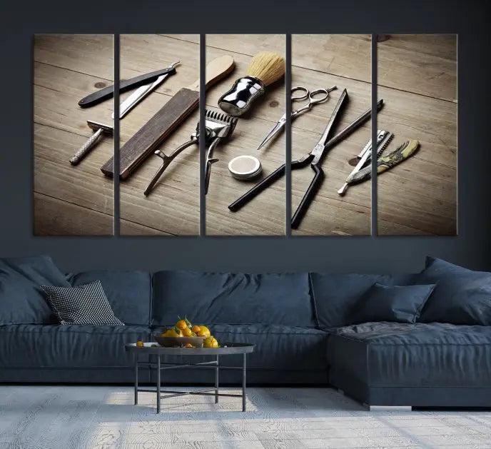 The Standart Barber Tools Wall Art Canvas Print features scissors, clippers, and brushes elegantly arranged on a wooden surface. This piece beautifully captures the essence of barber culture, adding a unique touch to any room.