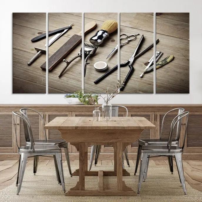 The Standart Barber Tools Wall Art Canvas Print features scissors, clippers, and brushes elegantly arranged on a wooden surface. This piece beautifully captures the essence of barber culture, adding a unique touch to any room.