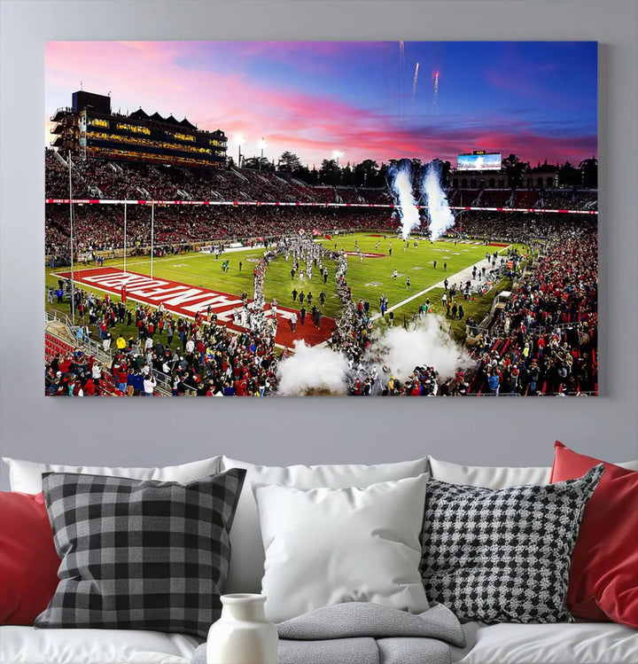 A living room showcases gallery-quality canvas art, featuring a triptych of the Stanford University Cardinal football team with the Stanford Stadium wall art print.