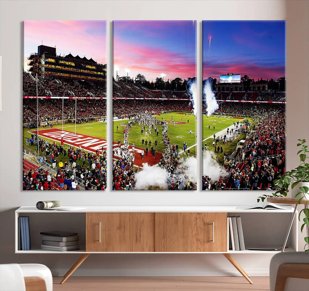 A living room showcases gallery-quality canvas art, featuring a triptych of the Stanford University Cardinal football team with the Stanford Stadium wall art print.