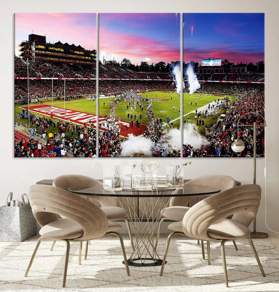 A living room showcases gallery-quality canvas art, featuring a triptych of the Stanford University Cardinal football team with the Stanford Stadium wall art print.