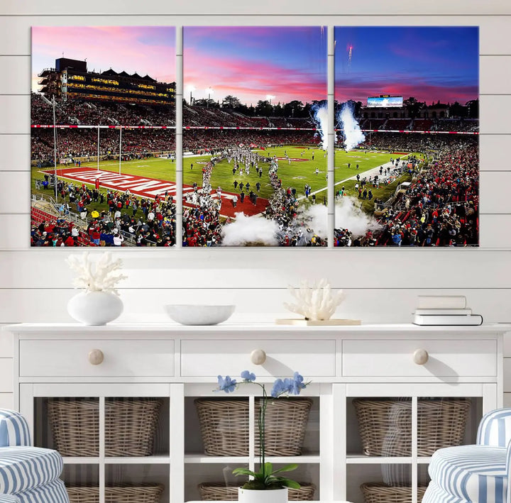 A living room showcases gallery-quality canvas art, featuring a triptych of the Stanford University Cardinal football team with the Stanford Stadium wall art print.