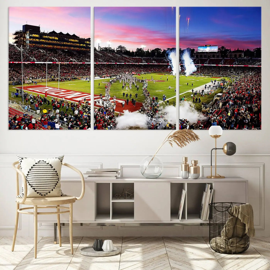 A living room showcases gallery-quality canvas art, featuring a triptych of the Stanford University Cardinal football team with the Stanford Stadium wall art print.