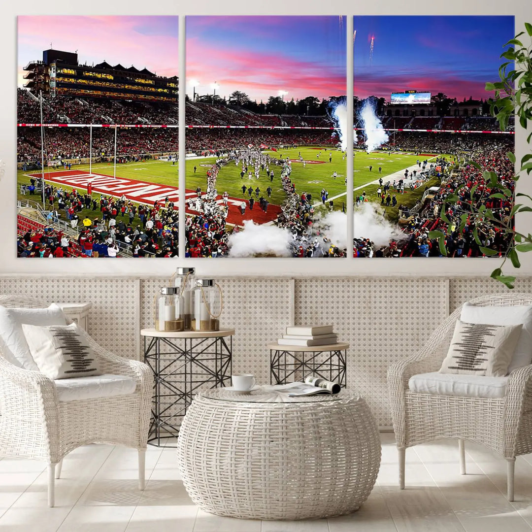 A living room showcases gallery-quality canvas art, featuring a triptych of the Stanford University Cardinal football team with the Stanford Stadium wall art print.