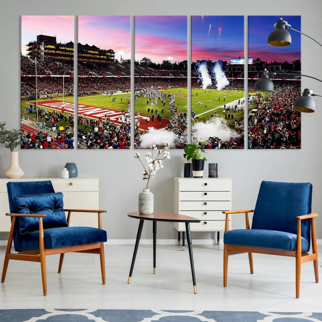 A living room showcases gallery-quality canvas art, featuring a triptych of the Stanford University Cardinal football team with the Stanford Stadium wall art print.