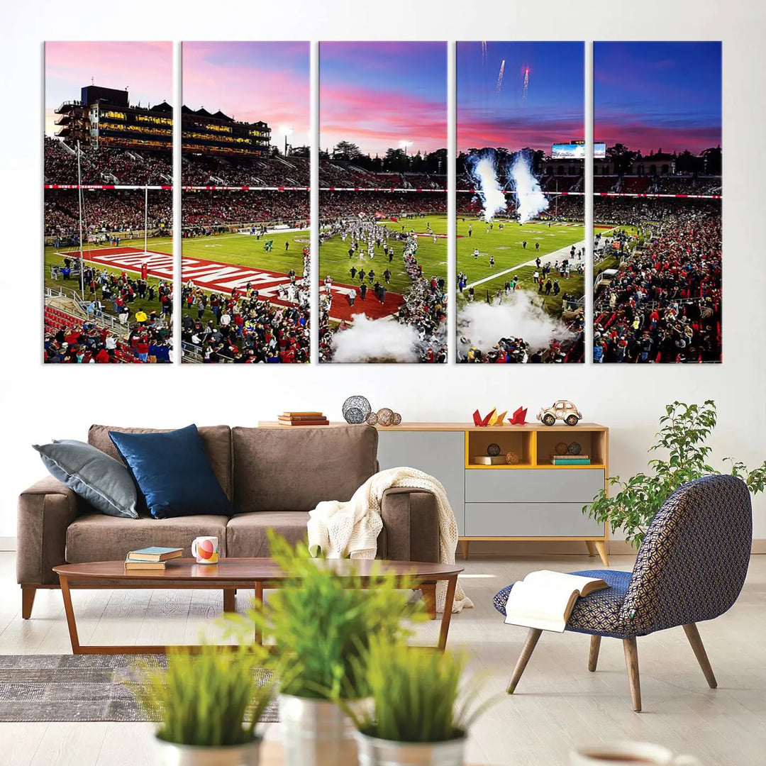 A living room showcases gallery-quality canvas art, featuring a triptych of the Stanford University Cardinal football team with the Stanford Stadium wall art print.