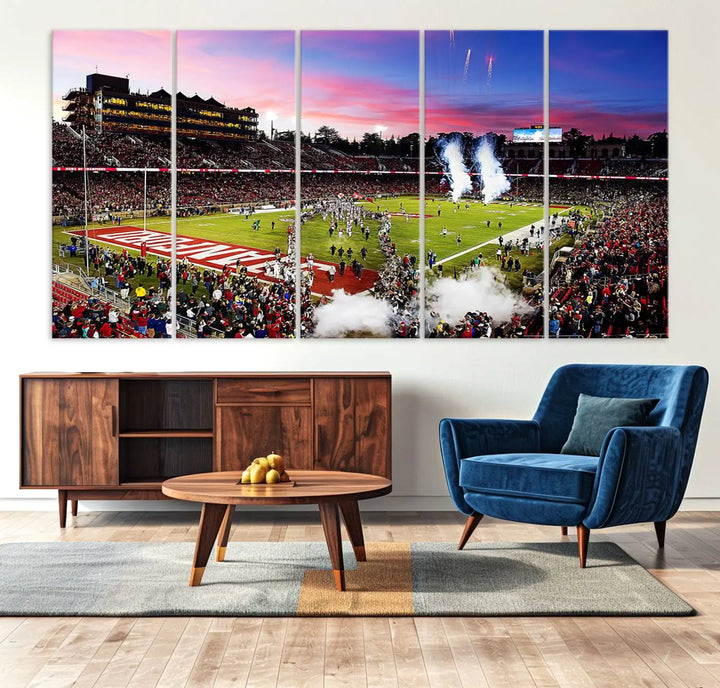 A living room showcases gallery-quality canvas art, featuring a triptych of the Stanford University Cardinal football team with the Stanford Stadium wall art print.