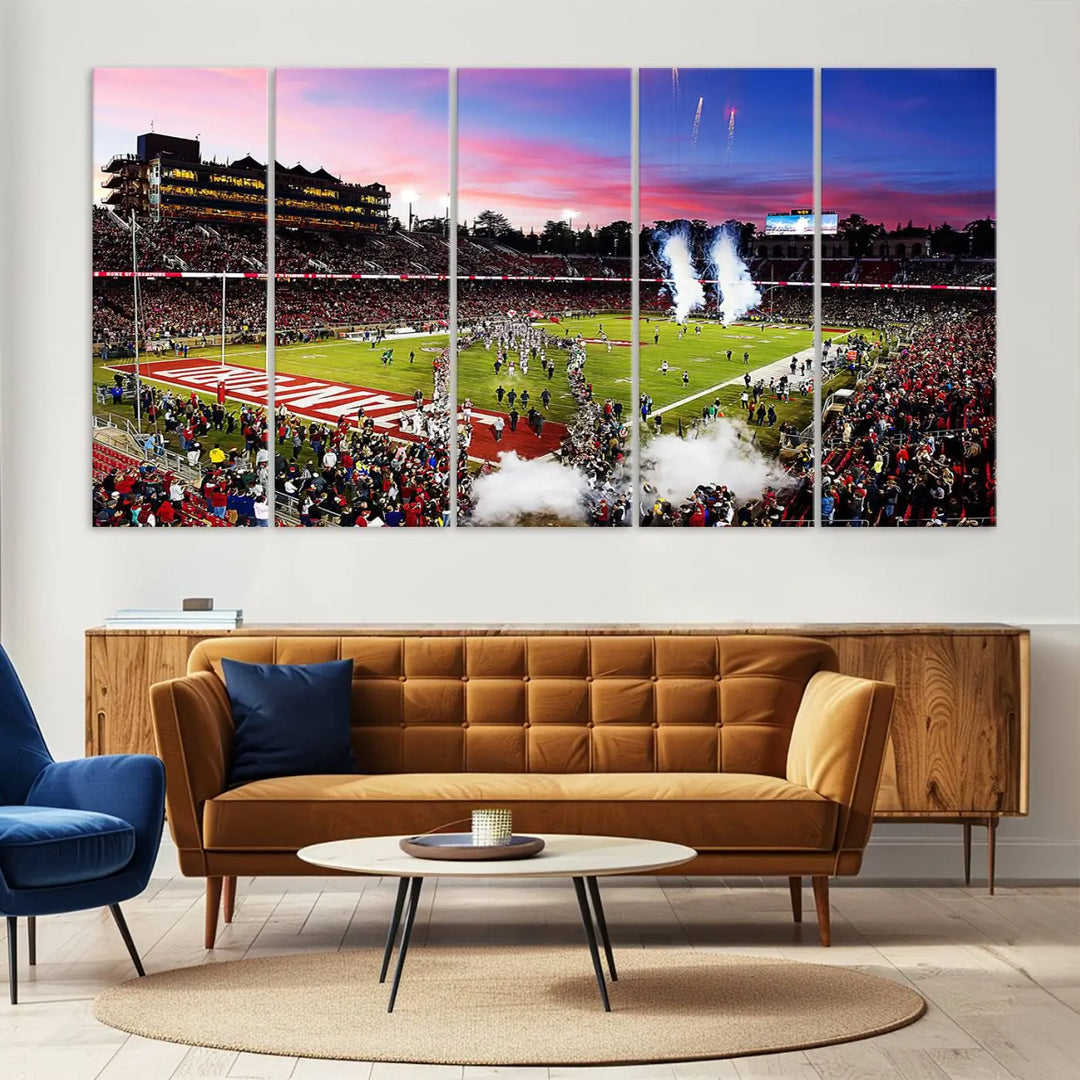 A living room showcases gallery-quality canvas art, featuring a triptych of the Stanford University Cardinal football team with the Stanford Stadium wall art print.