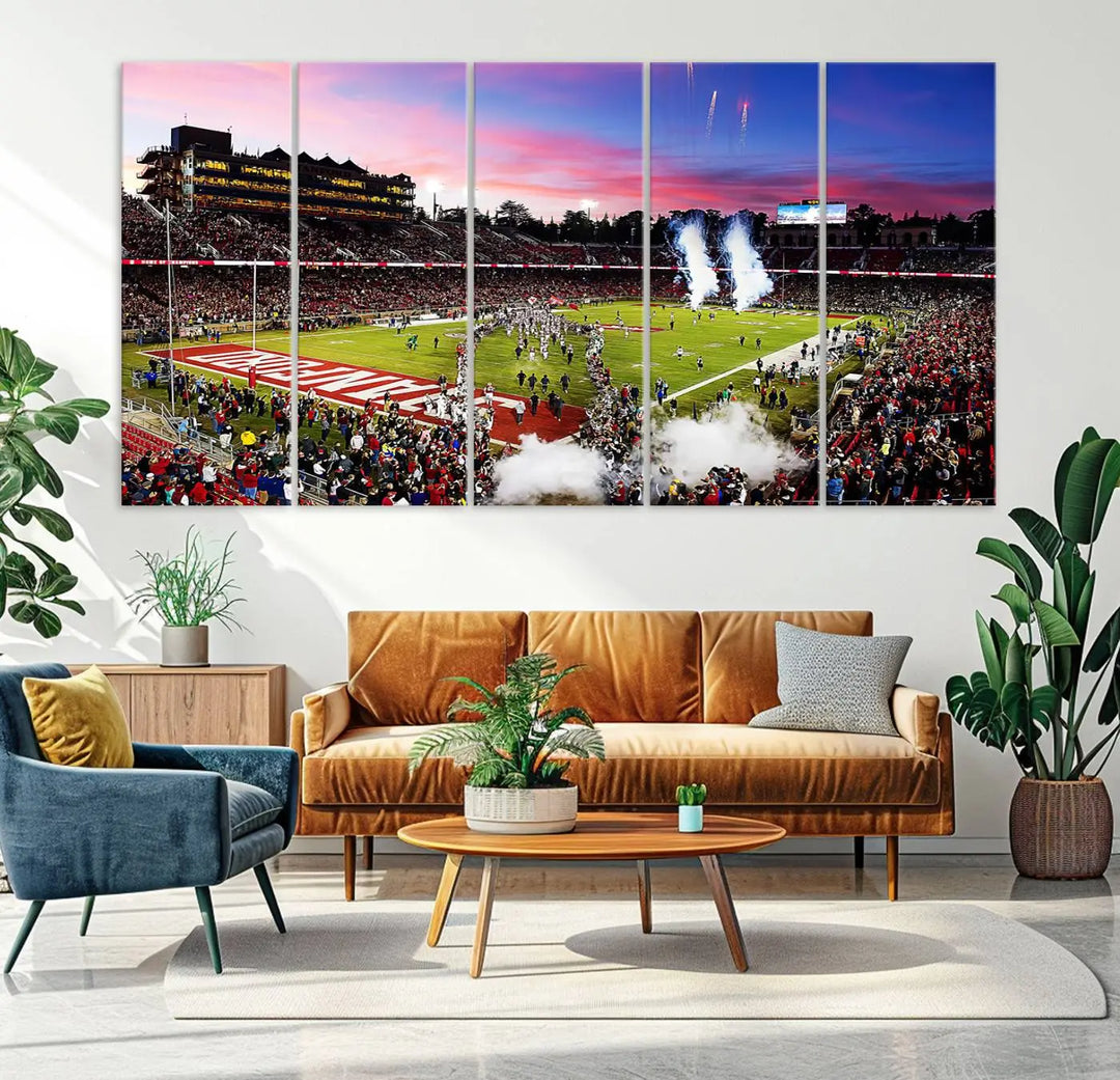 A living room showcases gallery-quality canvas art, featuring a triptych of the Stanford University Cardinal football team with the Stanford Stadium wall art print.