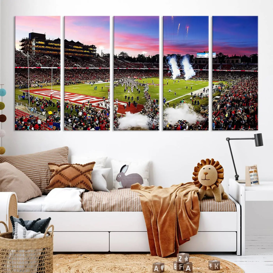 A living room showcases gallery-quality canvas art, featuring a triptych of the Stanford University Cardinal football team with the Stanford Stadium wall art print.