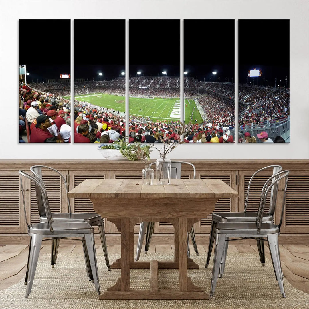 The living room features a large triptych wall art crafted on premium canvas, showcasing the "Stanford University Cardinal Football Team Print - Stanford Stadium," which depicts a crowded football stadium at night. Handmade in the USA.