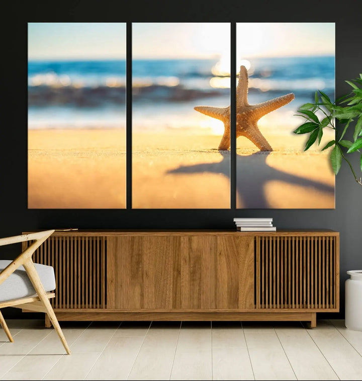 The Starfish on the Beach Wall Art Canvas Print brings a coastal ambiance to a stylish, modern space.