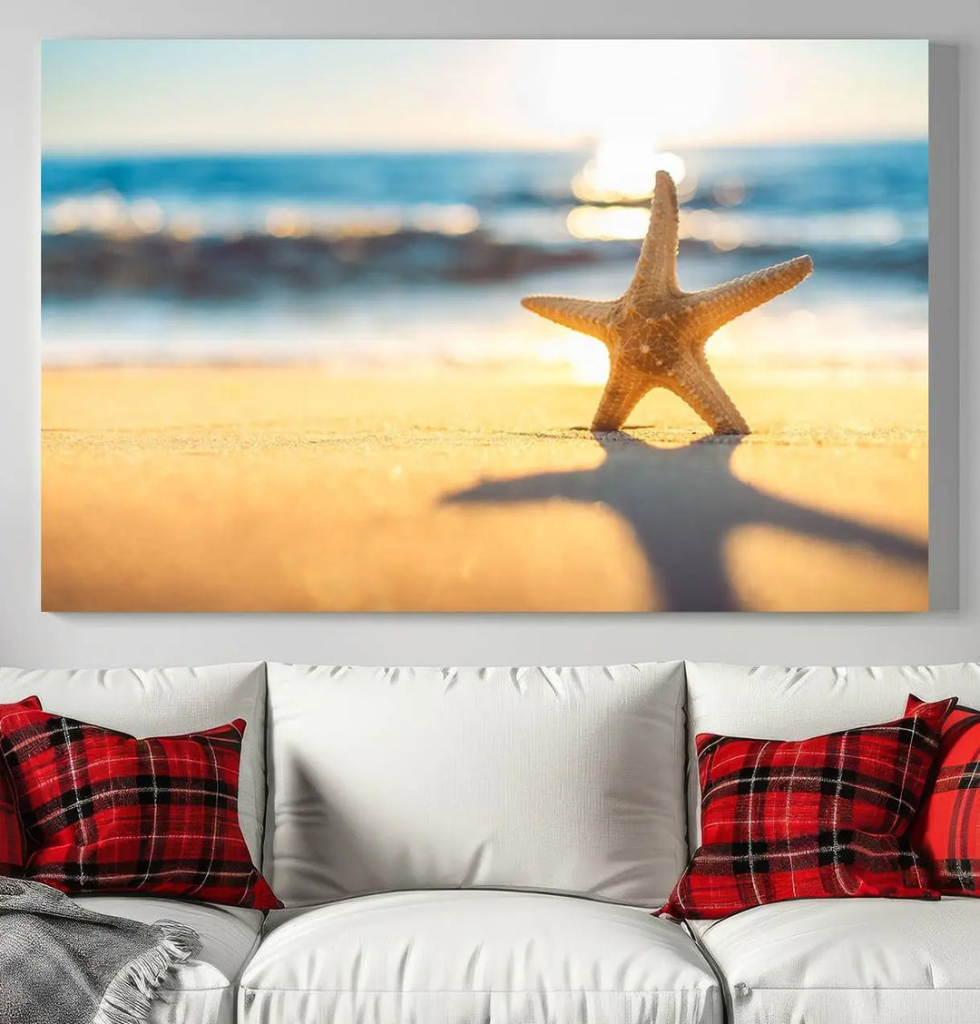 The Starfish on the Beach Wall Art Canvas Print brings a coastal ambiance to a stylish, modern space.