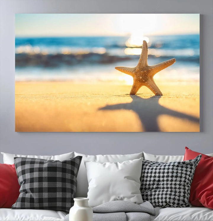 The Starfish on the Beach Wall Art Canvas Print brings a coastal ambiance to a stylish, modern space.