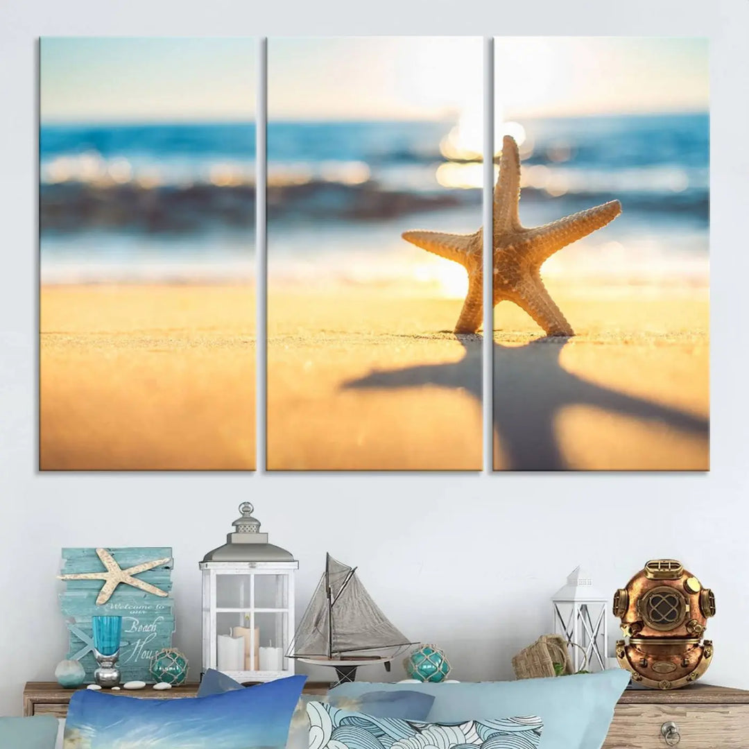 The Starfish on the Beach Wall Art Canvas Print brings a coastal ambiance to a stylish, modern space.