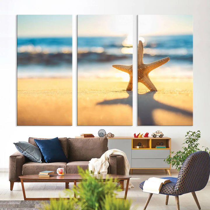 The Starfish on the Beach Wall Art Canvas Print brings a coastal ambiance to a stylish, modern space.