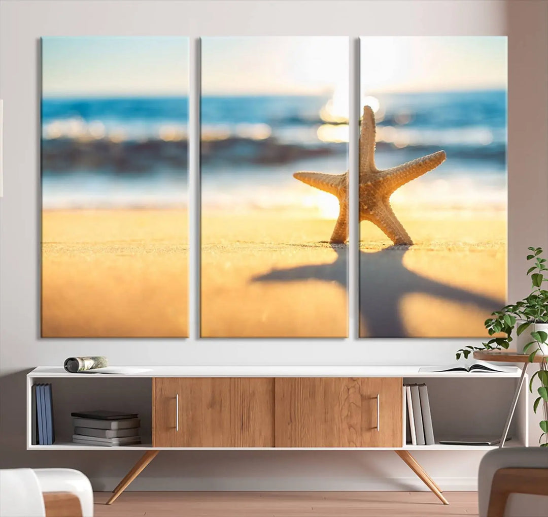 The Starfish on the Beach Wall Art Canvas Print brings a coastal ambiance to a stylish, modern space.