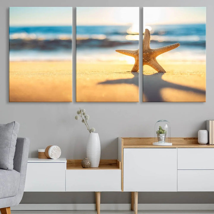 The Starfish on the Beach Wall Art Canvas Print brings a coastal ambiance to a stylish, modern space.