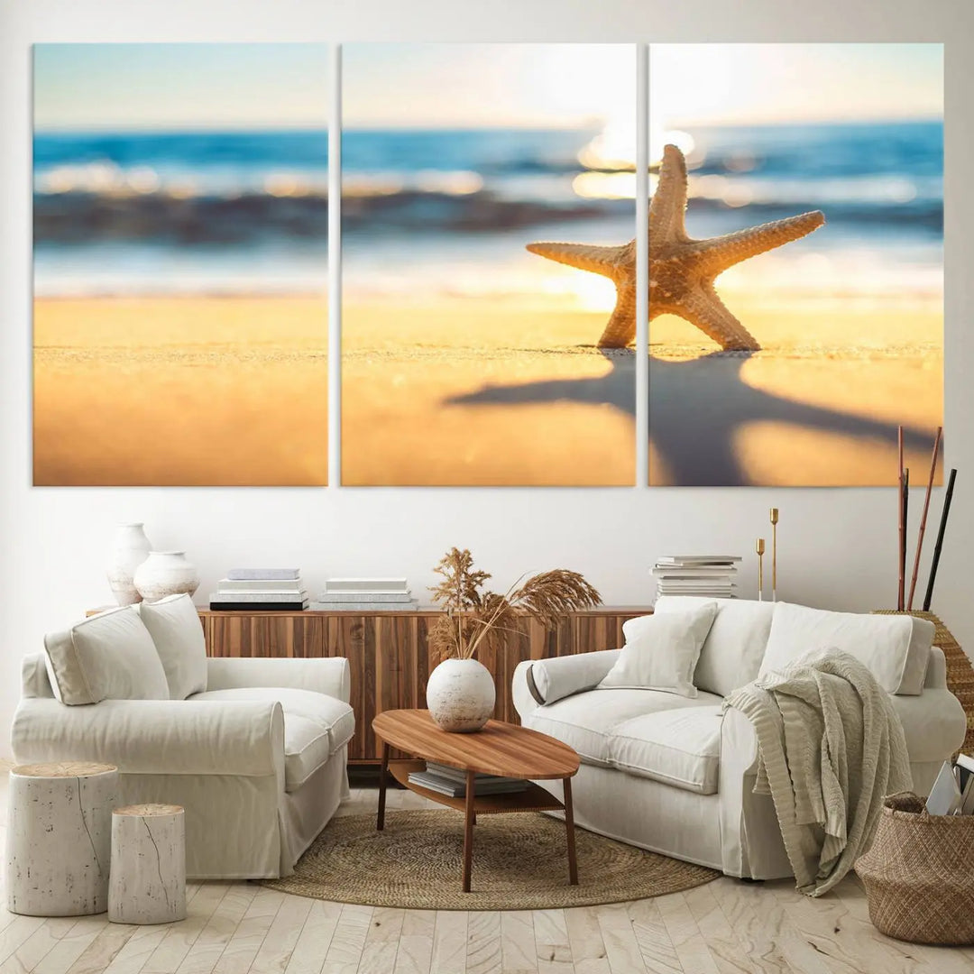 The Starfish on the Beach Wall Art Canvas Print brings a coastal ambiance to a stylish, modern space.