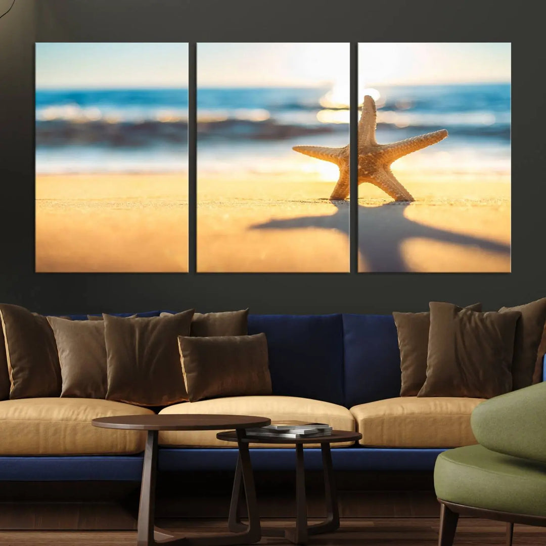 The Starfish on the Beach Wall Art Canvas Print brings a coastal ambiance to a stylish, modern space.